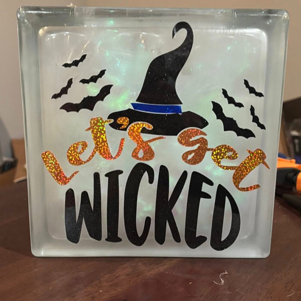 10 by 10 Glass Lighted block  Let's get Wicked Halloween